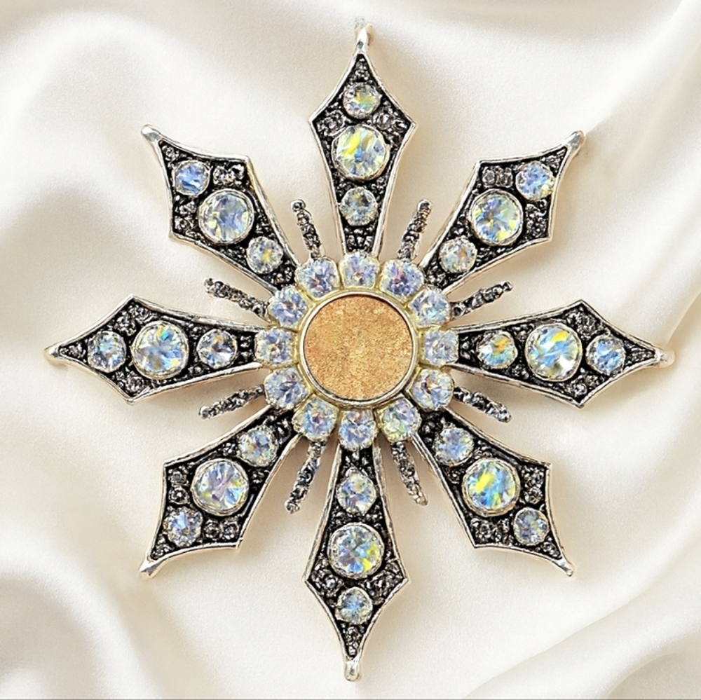 Elegant Iridescent Snowflake Brooch – Silver & Gold Crystal Holiday Glamour Pin